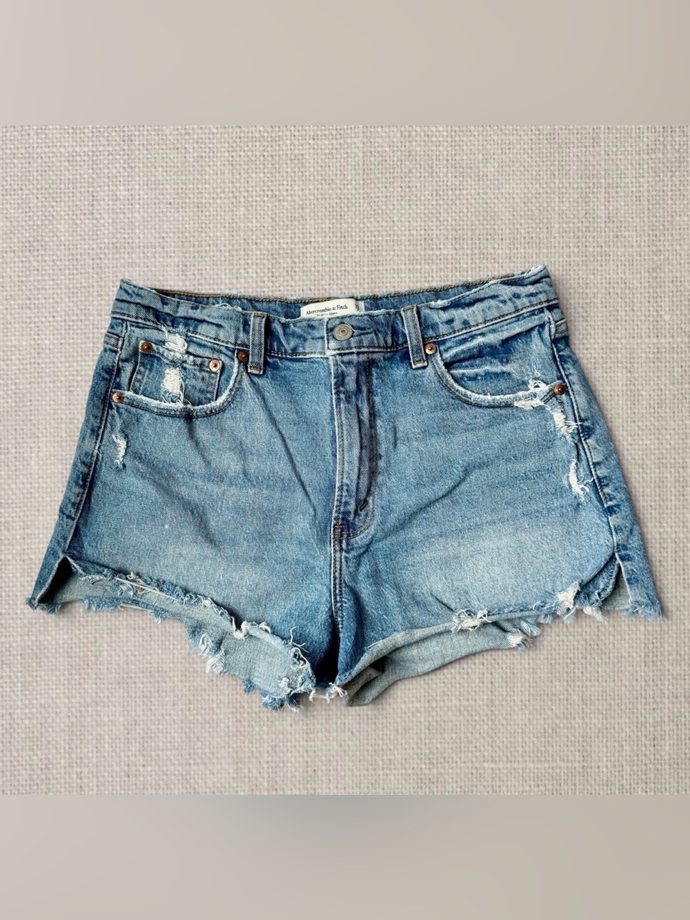 Abercrombie & Fitch “The Mom Short High Rise” Distressed Denim Shorts